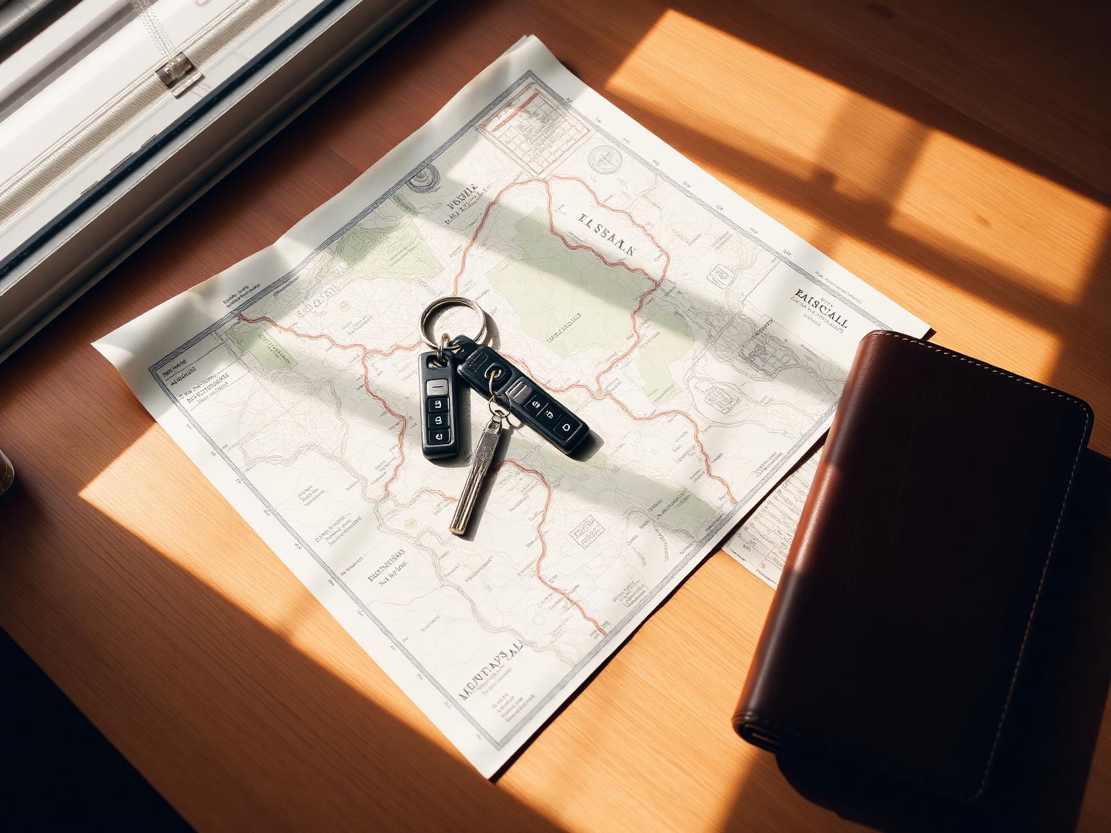 A vintage road map and a set of car keys on a warm tan wooden desk