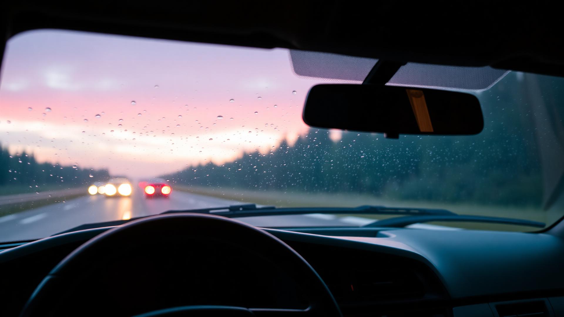 Rainy windshield view from inside a car at dusk