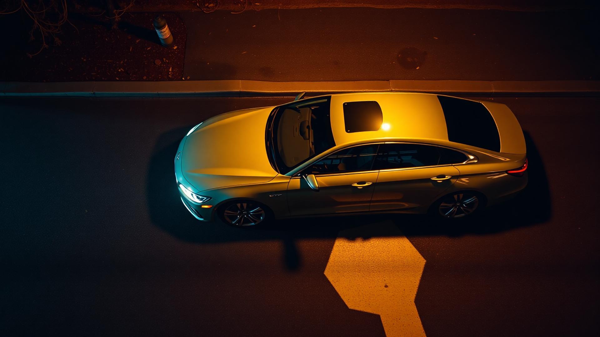 A parked sedan beneath a single warm streetlamp at night