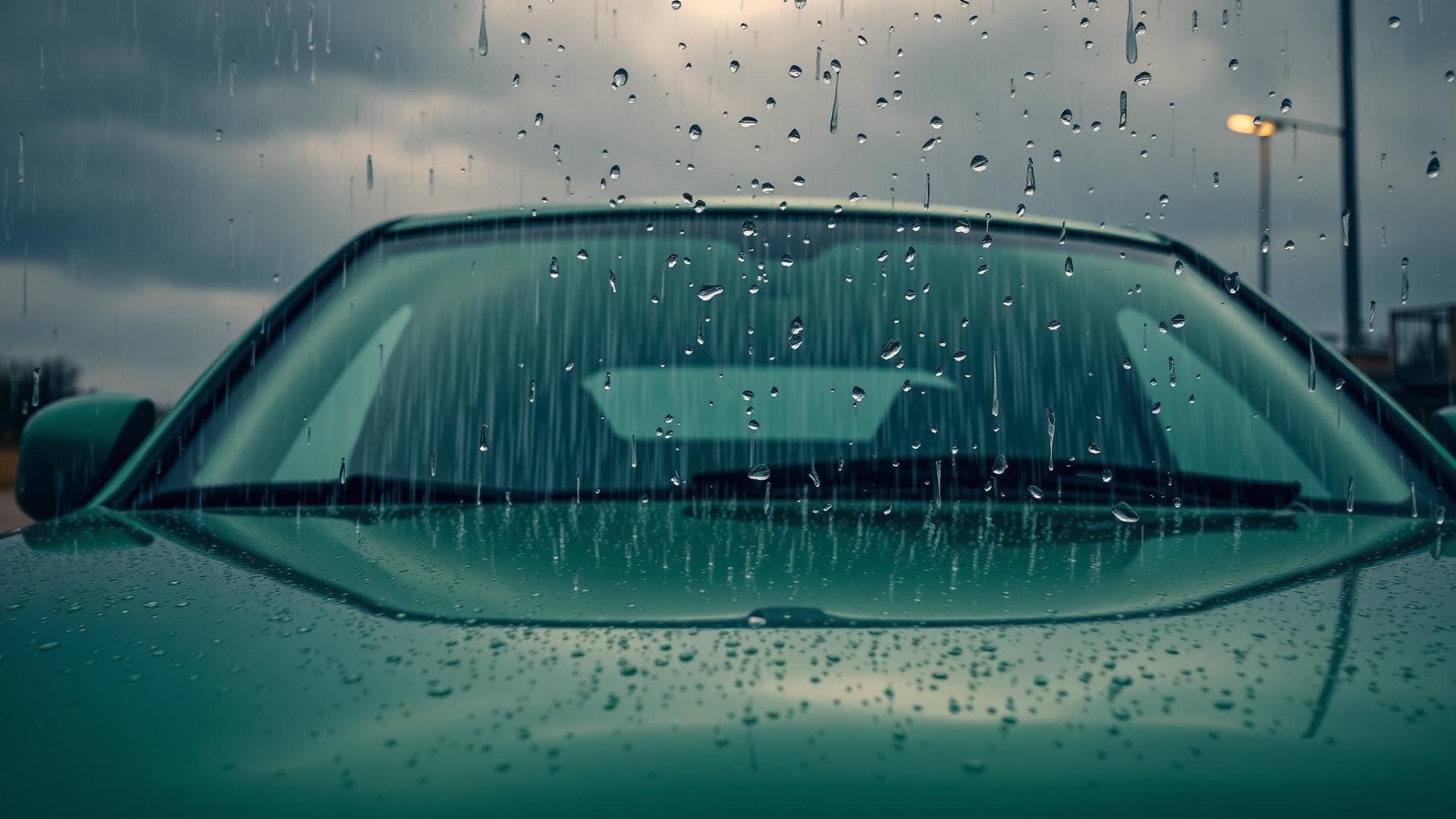 Heavy rain on a forest-green car hood